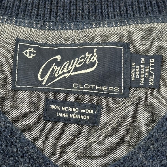 Grayers Mens Merino Wool Sweater XXL V-neck Blue Indigo Pocket 2XL 3D Stripes - Picture 5 of 8